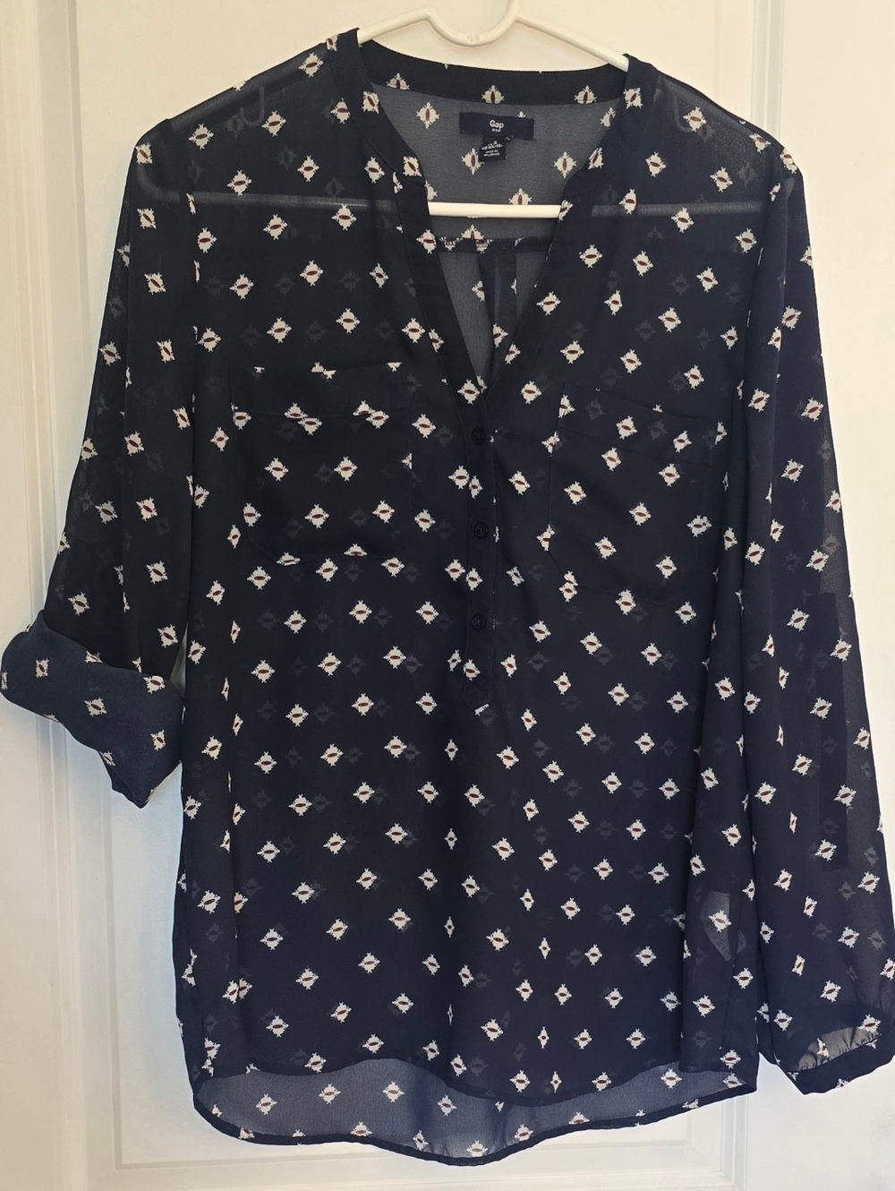 Gap Brand Blouse- Size Medium- Navy Blue Geometric Print